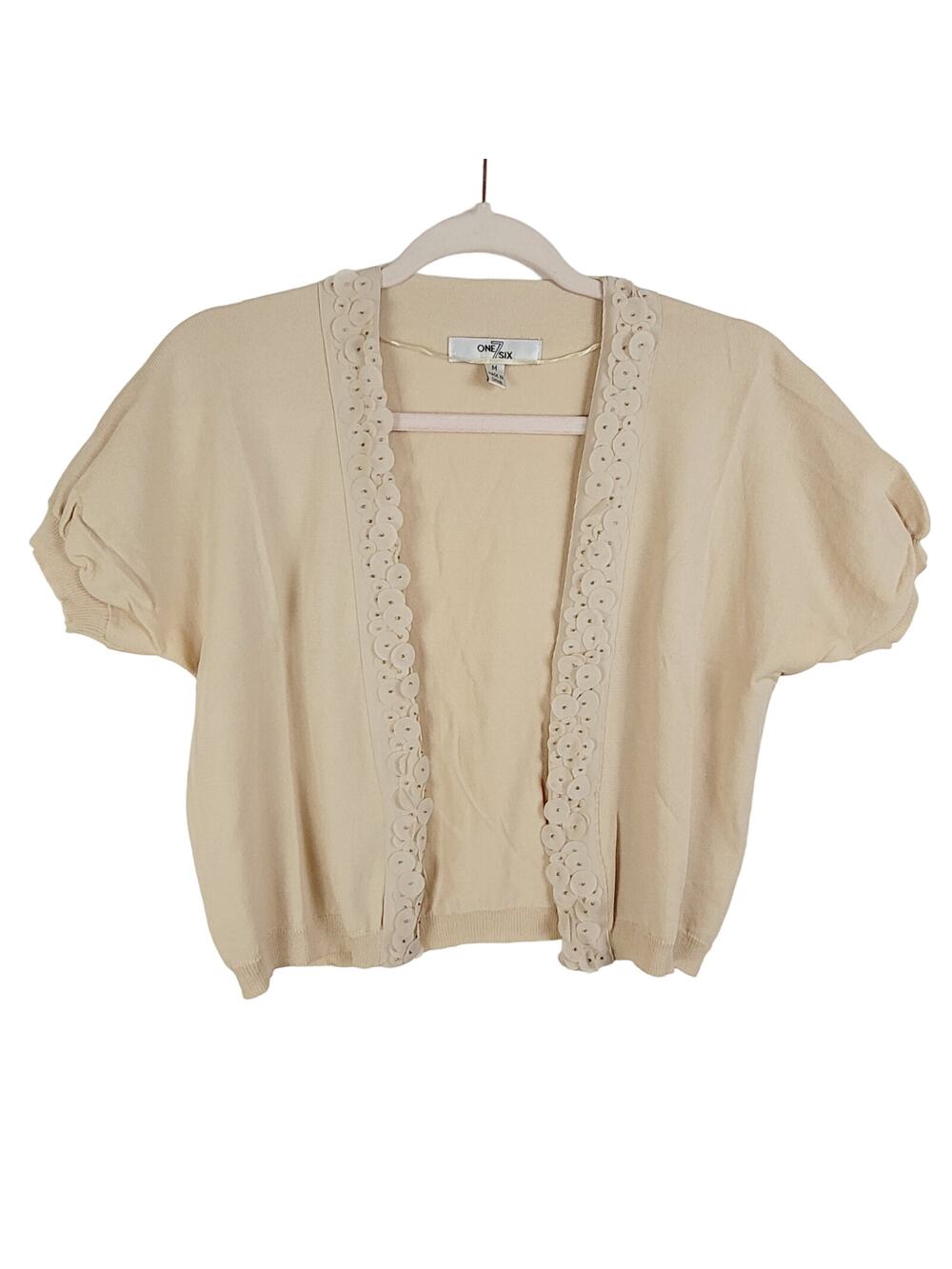 One 7 Six tan beaded cropped short sleeved cardigan Size Med Cottagecore Boho